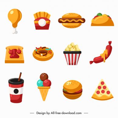 fast food icons colored flat sketch