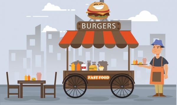 fast food sale drawing street cart colored cartoon