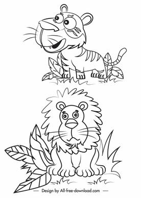 feline icons black white lion tiger handdrawn sketch