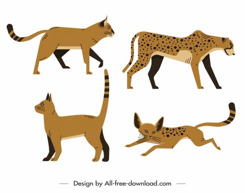 feline species icons dark colored retro design