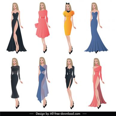 female evening dresses templates elegant cartoon