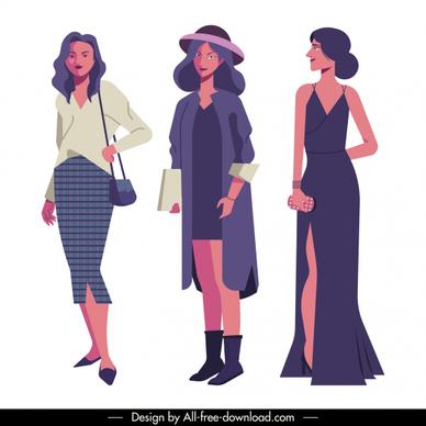female fashion icons elegant design cartoon characters sketch