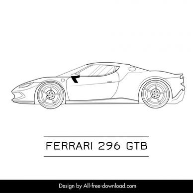 ferrari 296 gtb car model advertising template flat black white handdrawn side view outline