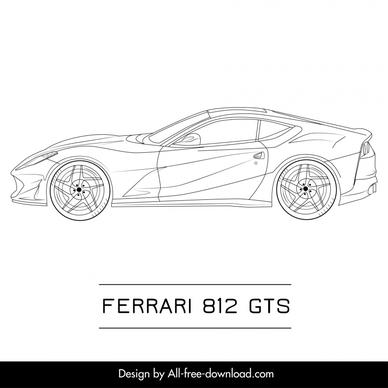 ferrari 812 gts side car model icon flat handdrawn side view outline