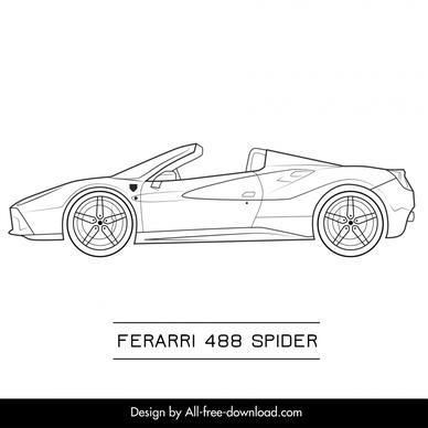 ferrarri 488 spider car model template handdrawn flat black white side view outline