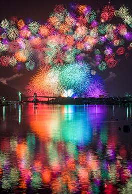 festive picture beautiful fireworks reflection scene 