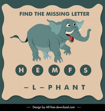 find the missing letter education template cute elephant texts blank sketch