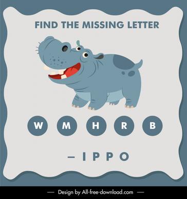find the missing letter educational template hippo animal texts blank sketch