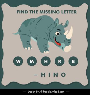 find the missing letter educational template rhino animal texts blank outline 