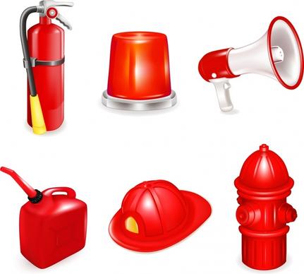 fire fighting tools icons shiny modern 3d sketch