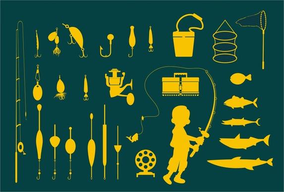 fishing icons vector illustration in bright silhouettes style