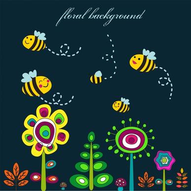 floral background design with cute cartoon honeybees