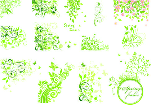 floral green ornaments vector set