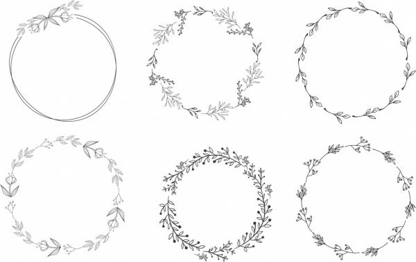 floral wreath design elements black white circles sketch