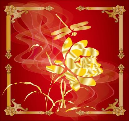 oriental background flower dragonfly icons red golden decor