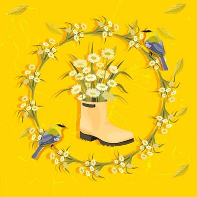 flower background wreath boot bird icons yellow classic