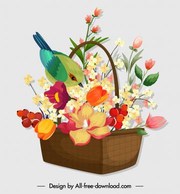 flower basket icon colorful classical design bird decor