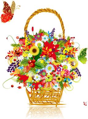 flower baskets and butterfly vector
