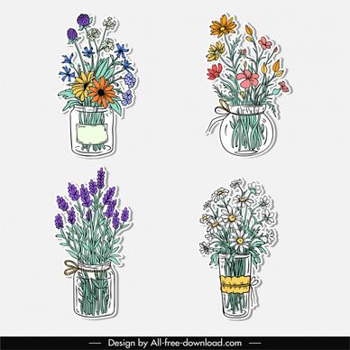 flower pots icons elegant classic handdrawn sketch