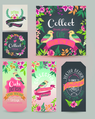 flower with birds vintage cards vector