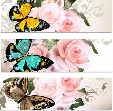 flowers and butterflies banners vectors