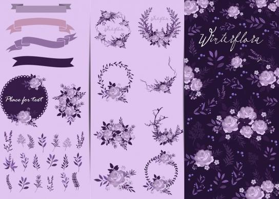 flowers background design elements purple icons decor