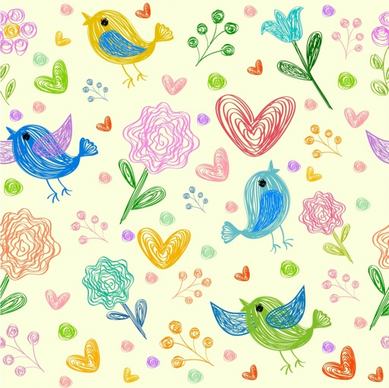flowers birds hearts background colorful hand drawn design