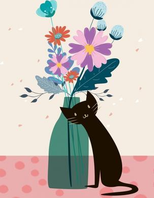 flowers pot drawing black cat icon decor