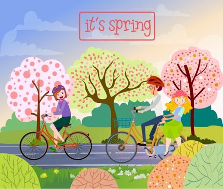 flowers spring drawing family riding bicycle colored cartoon