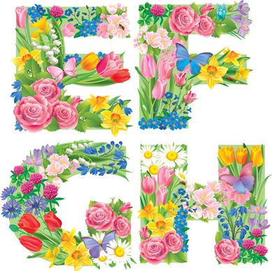 flowers with butterfly alphabets vector set