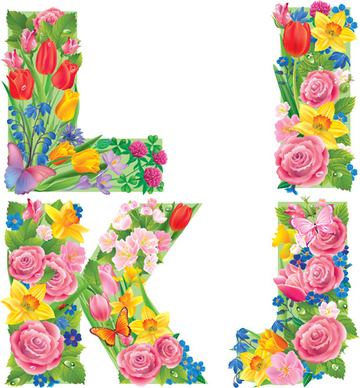 flowers with butterfly alphabets vector set