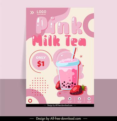 flyer milk tea advertising template flat pink decor strawberry cup object sketch
