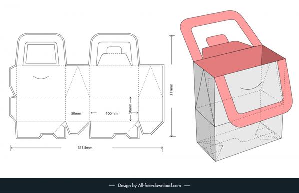 folding box with handle inner measurement 10x5x5cm template flat papercut 3d object outline 