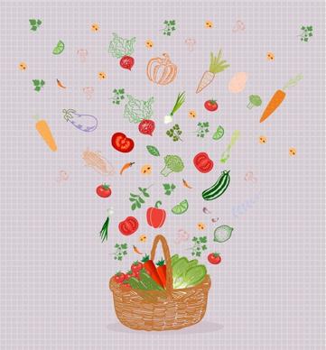 food background basket falling vegetables icons classical design