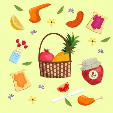 food background basket fruit jam sausage icons decor