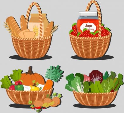 food baskets isolation bread jam vegetables icons