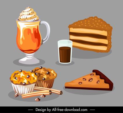 food drink icons colored classical sketch