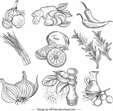 food ingredients icons vegetables sketch retro handdrawn