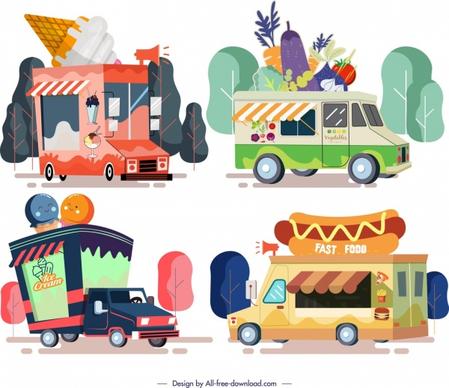 food truck icons multicolored cartoon design