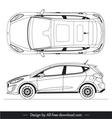 ford fiesta 2017 car model icons flat black white handdrawn side view top view outline 