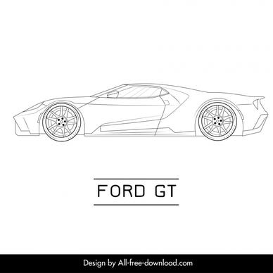 ford gt car model icon flat black white handdrawn side view outline