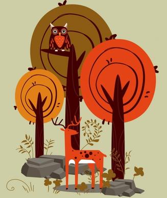 forest drawing reindeer owl tree icons classical design