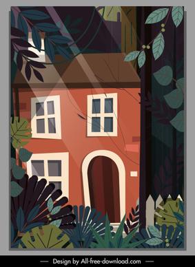 forest house painting dark colorful classic sketch