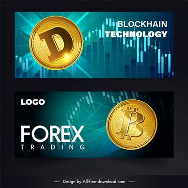 forex trading block chain tech banners golden coins chart decor
