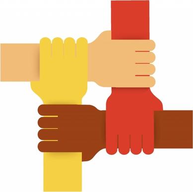 Four colours teamwork hands