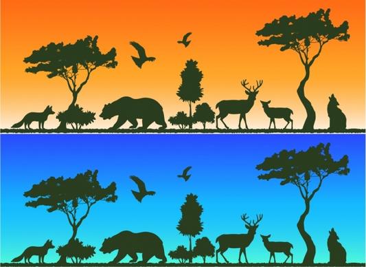 fox bear reindeers birds icons decoration silhouettes design