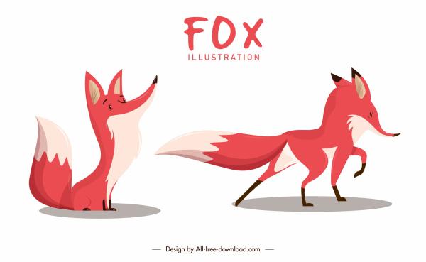 fox icons colored cartoon sketch sitting standing gestures