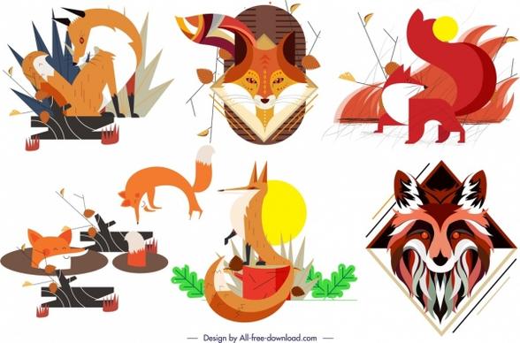 fox wild animal icons collection colorful classical design