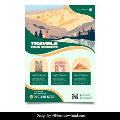 france tour travel flyer template classical nature scene architecture sketch