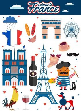 france tourism advertisement multicolored symbols decoration